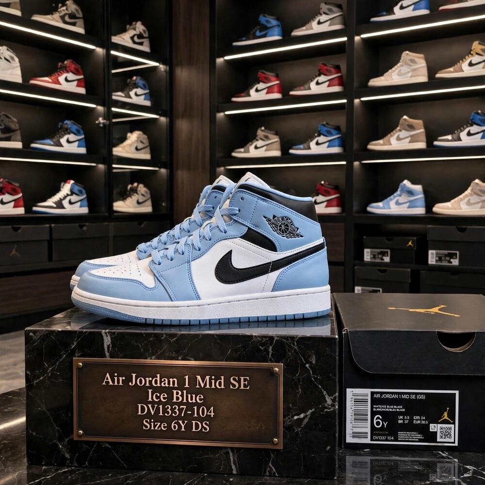 Size 6Y - 7.5W - Air Jordan 1 Mid SE Ice Blue DV1337-104 GS W Box